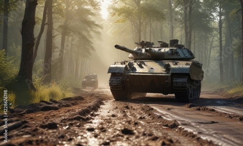 Military tank driving on muddy road in the forest, forest landscape, mud, armored car