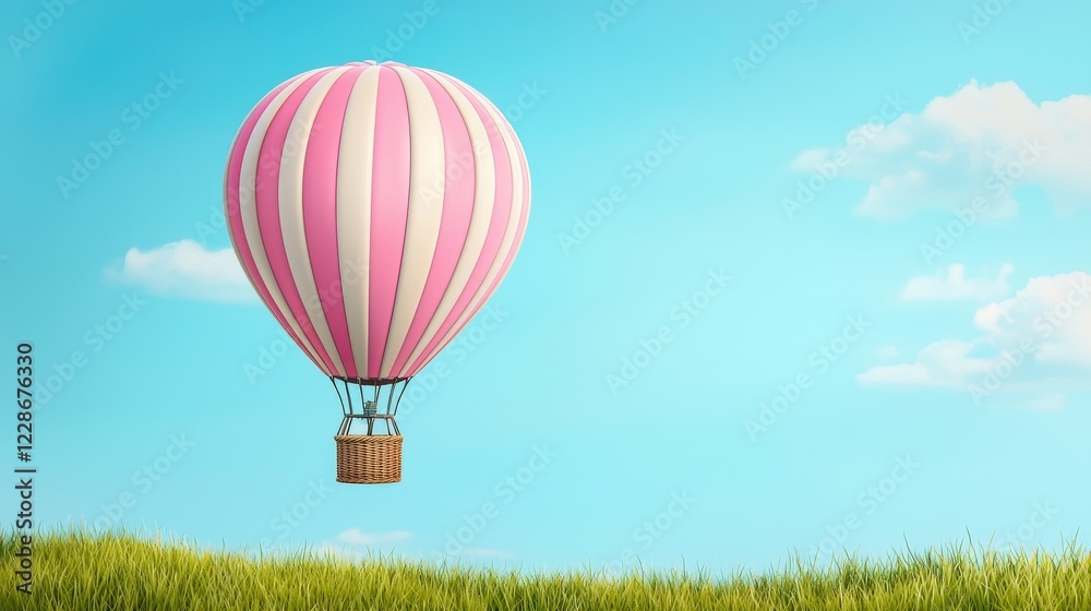 Fototapeta premium Colorful hot air balloon drifting in a clear blue sky with fluffy clouds over a lush green field