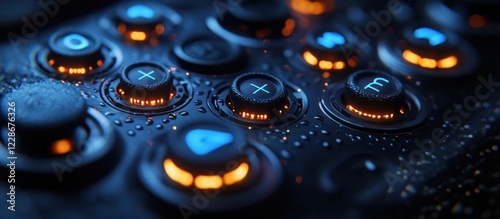 Close-up of illuminated control panel buttons with symbols. photo