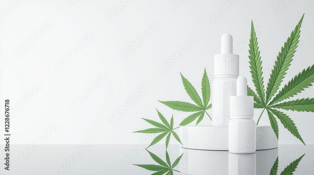 White CBD Oil Bottles with Hemp Leaves White CBD Oil Bottles with Hemp Leaves