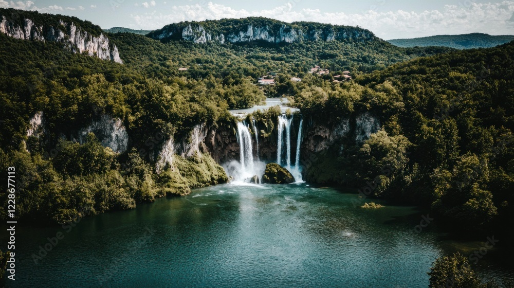 Fototapeta premium Majestic Waterfall Lush Green Forest Serenity Nature Landscape Photography
