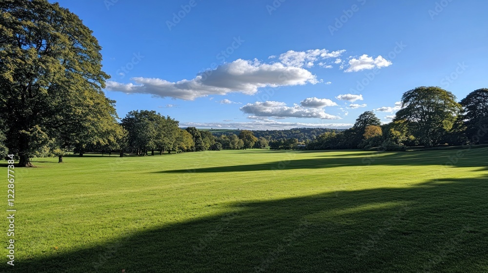 Sunny parkland vista, trees, shadows, hills background, idyllic landscape Sunny parkland vista, trees, shadows, hills background, idyllic landscape