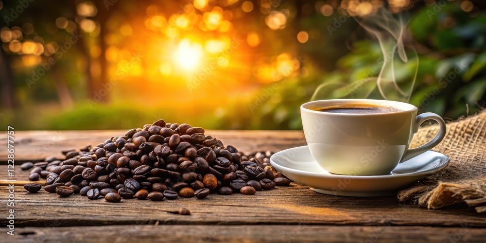 Coffee cup on wooden table with coffee beans, warm lighting, morning, cozy, morning Coffee cup on wooden table with coffee beans, warm lighting, morning, cozy, morning