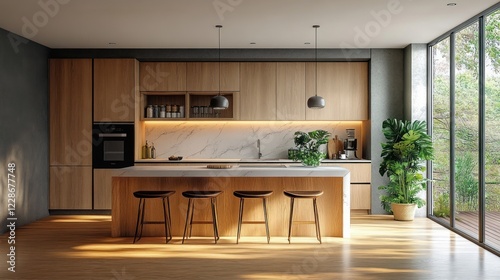 Modern Kitchen Design Minimalistic Interior with Wooden Cabinets and Stylish Marble Countertops