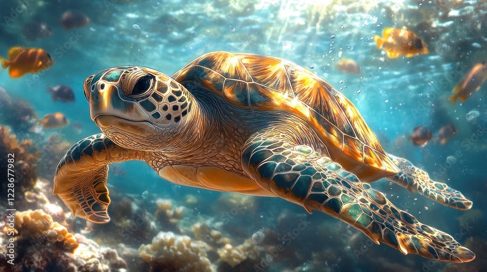 Obraz premium Graceful Sea Turtle Swimming Through Vibrant Coral Reef