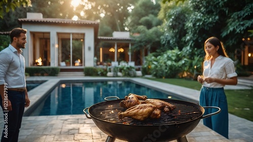 barbecue in the forest, grilling chicken outdoors, luxury villa in nature, blue swimming pool, tropical forest retreat, outdoor BBQ, scenic forest view, 8K ultra high resolution, cinematic landscape, photo