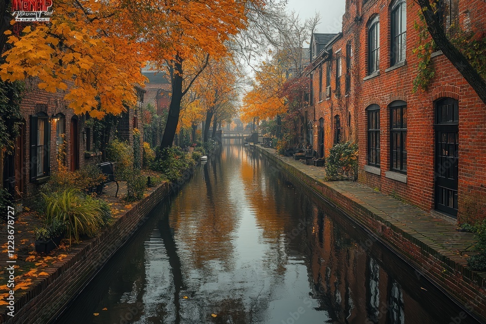 Fototapeta premium Canal Scene in Historic Brick Warehouse District at Golden Hour