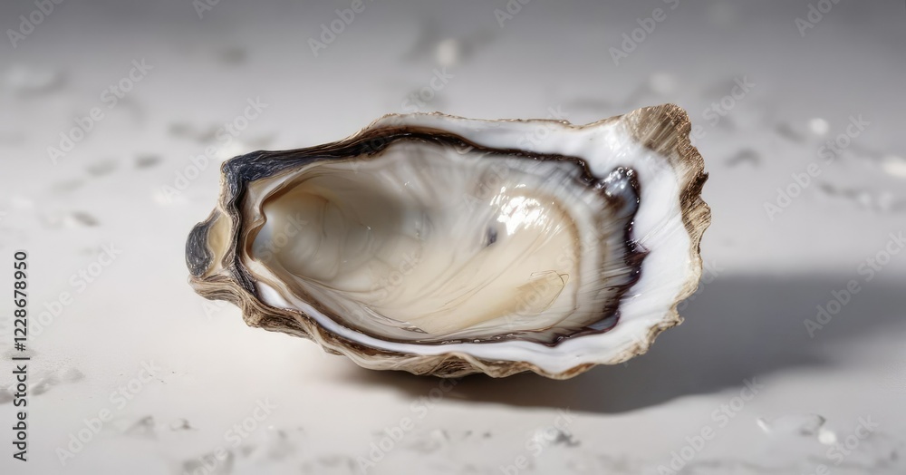 Oyster shell on a white surface with dramatic lighting, dramatic effect, contrasting textures, striking image Oyster shell on a white surface with dramatic lighting, dramatic effect, contrasting textures, striking image