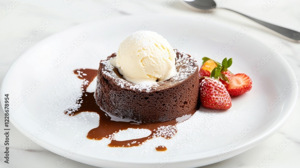 A luscious and smooth chocolate lava cake with a molten center, served with a scoop of vanilla ice cream and a sprinkle of powdered sugar, Cake centered A luscious and smooth chocolate lava cake with a molten center, served with a scoop of vanilla ice cream and a sprinkle of powdered sugar, Cake centered