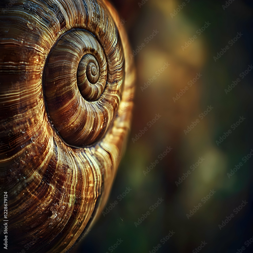 Close-up snail shell spiral, garden background, nature texture, design element Close-up snail shell spiral, garden background, nature texture, design element