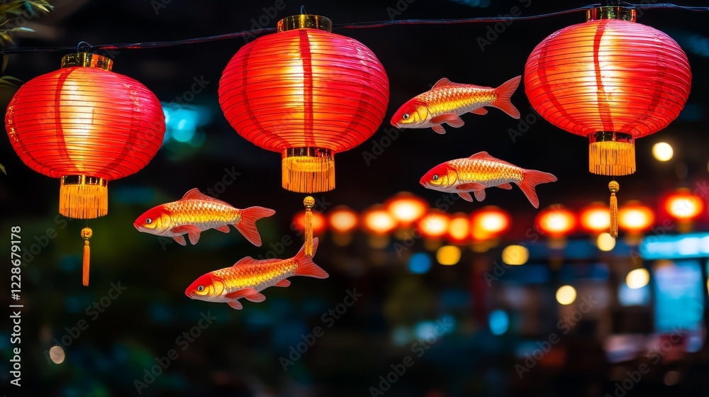 Obraz premium Festive Lanterns and Golden Fish Swim Amidst Night Lights