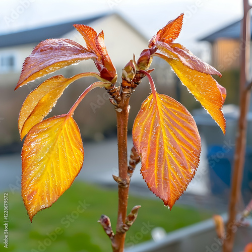 Dew-kissed autumn leaves sprout in suburban garden photo