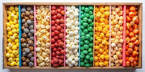 Wallpaper Mural A colorful striped box filled with a variety of freshly popped popcorn kernels in different shapes and sizes Torontodigital.ca