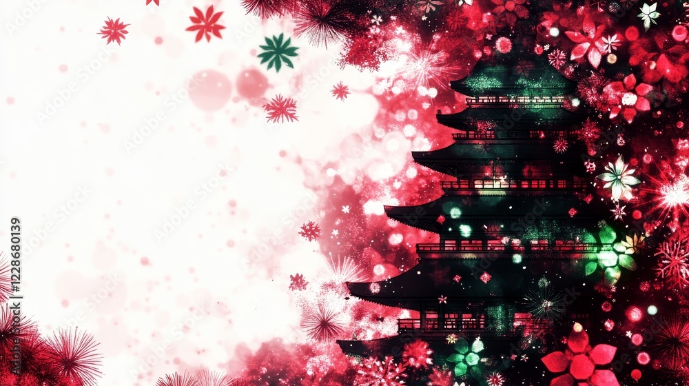 Festive Pagoda Silhouette Amidst Red Floral Fireworks Festive Pagoda Silhouette Amidst Red Floral Fireworks
