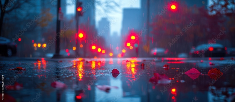 Obraz premium Rainy city street at night with red traffic lights reflected in puddles.
