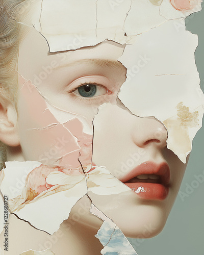 Marie Antoinette concept. Creative collage of the beautiful last queen of France using mix of different techniques. Close up portrait. Avant-garde postcard, poster style