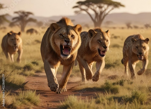 Lion's powerful roar echoes through the African plains as it charges towards a cackling hyena clan, savannah, action shots, untamed