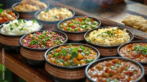 Aromatic Indian Cuisine: Diverse Dishes in Earthenware Bowls