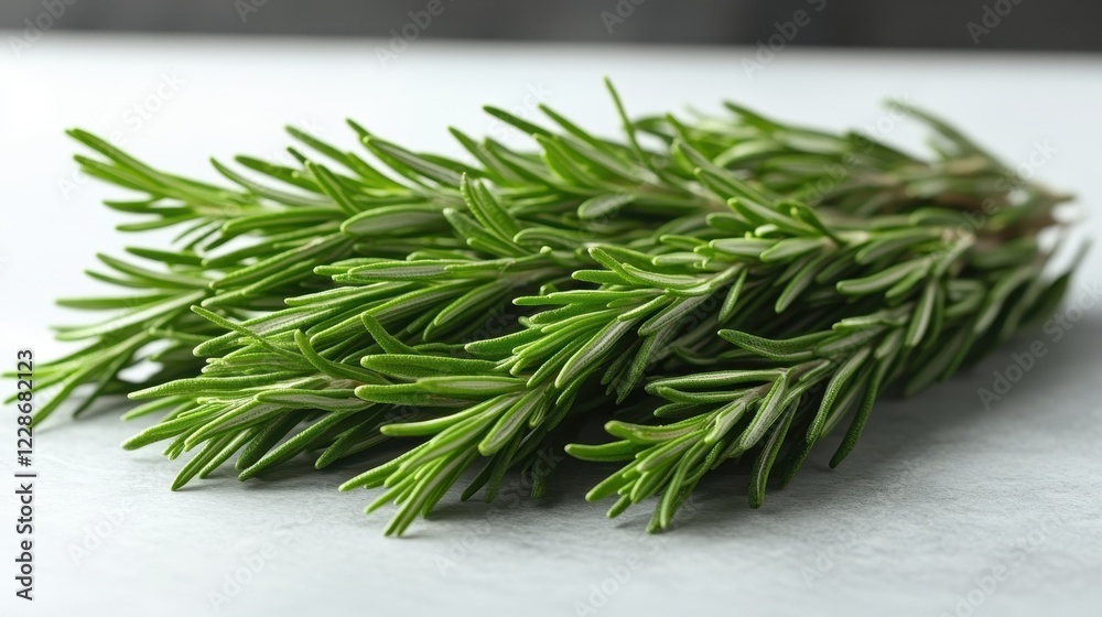 Fototapeta premium Fresh sprigs of rosemary arranged on a light surface.
