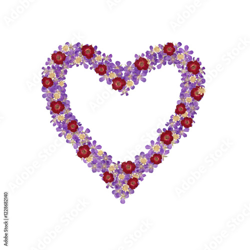 Heart frame with realistic pressed colorful flowers isolated on transparent background.