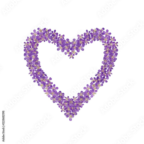 Heart frame with realistic pressed violet flowers isolated on transparent background.