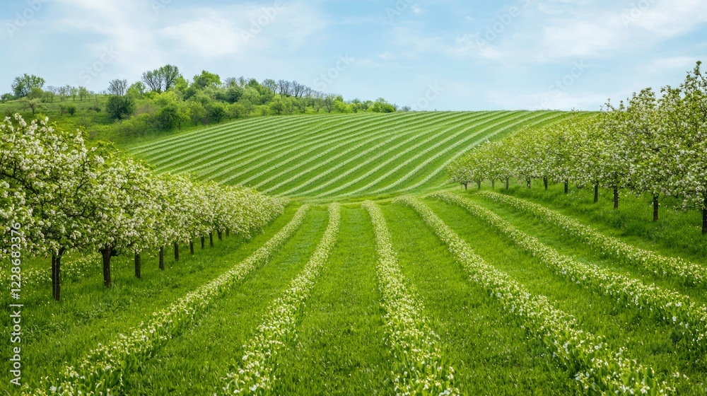 Serene Symmetry: Orchards in Bloom on Rolling Hillside | Ultra-Detailed Cinematic Shot of Floral Patterns Serene Symmetry: Orchards in Bloom on Rolling Hillside | Ultra-Detailed Cinematic Shot of Floral Patterns