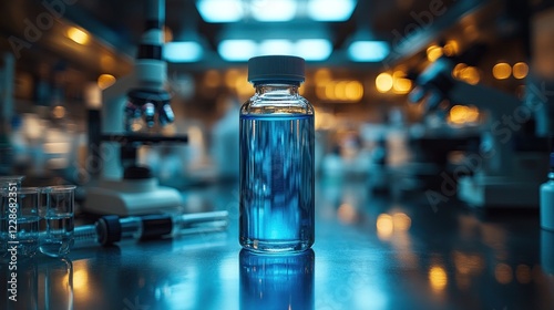 Laboratory Scene with Blue Liquid Bottle and Equipment photo