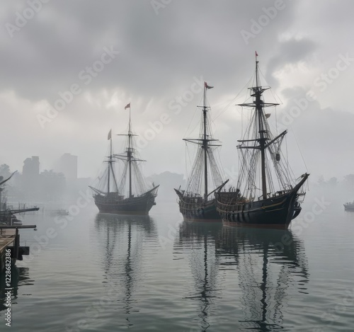 Misty day with ships anchored off Malacca Maritime Museum, cloudy sky, ships anchored