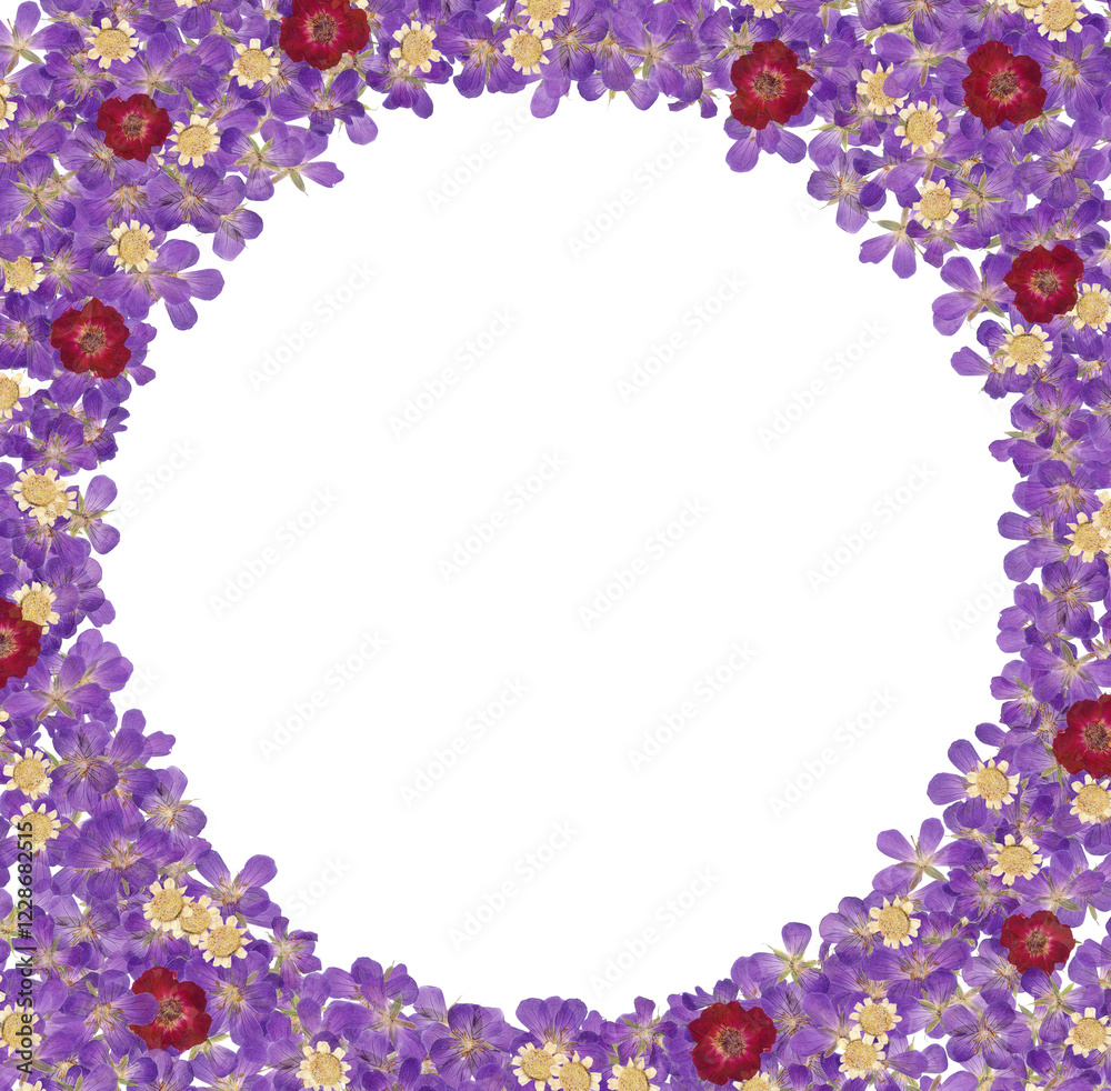 Round frame with realistic pressed dried flowers. Round frame with realistic pressed dried flowers.
