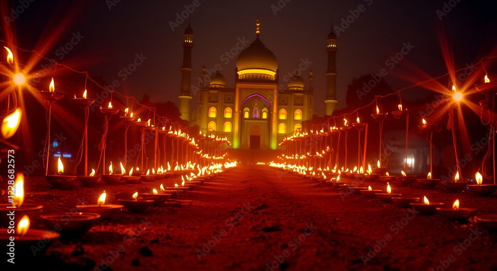 Obraz premium Green shade mosque with hand made diyas flame on mud road corners natural view ai 