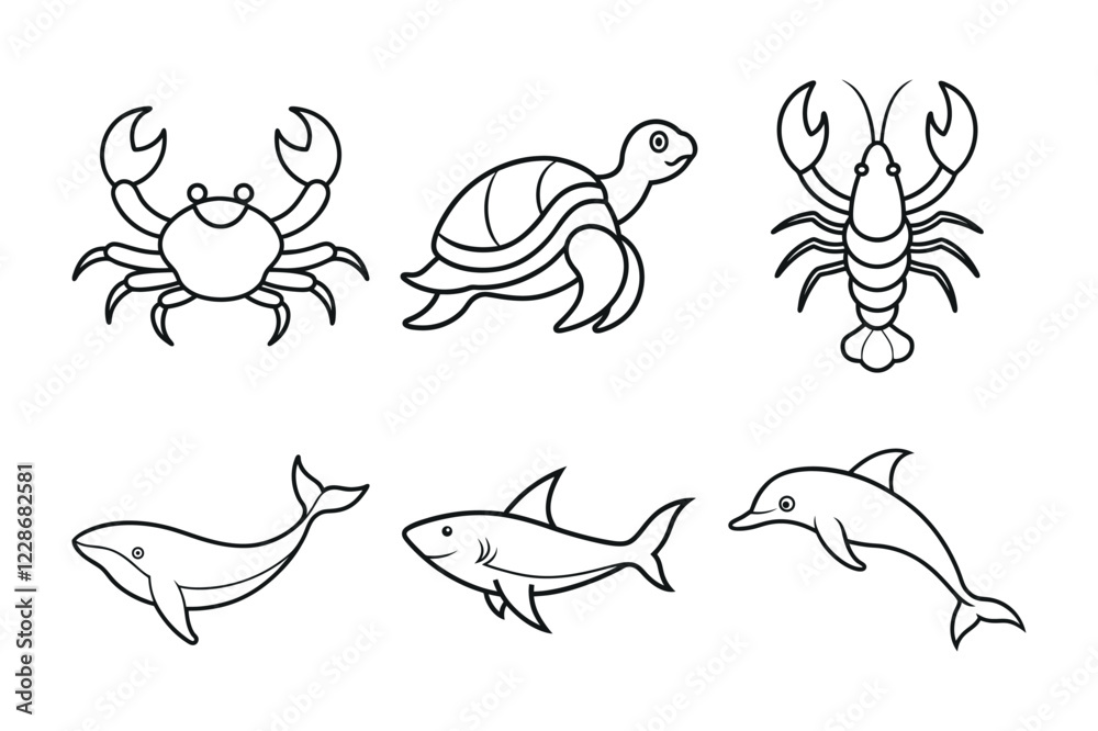 Sea animal line art vector set, Crab, Sea Turtle, Lobster, Blue Whale, Shark, Dolphin. Sea animal bundle line art vector isolated on white background. Collection of outline ocean animal illustrations. Sea animal line art vector set, Crab, Sea Turtle, Lobster, Blue Whale, Shark, Dolphin. Sea animal bundle line art vector isolated on white background. Collection of outline ocean animal illustrations.