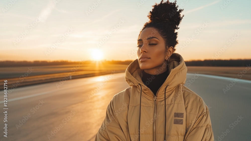 Fototapeta premium Serene Woman in Beige Puffer Jacket at Sunset Peaceful Golden Hour