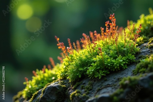 Moss-covered Chenopodium murale plant on rocky outcrop, moss, nature photo