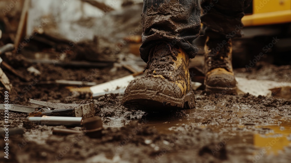 A close-up of muddy work boots stepping through debris and wet ground. A close-up of muddy work boots stepping through debris and wet ground.