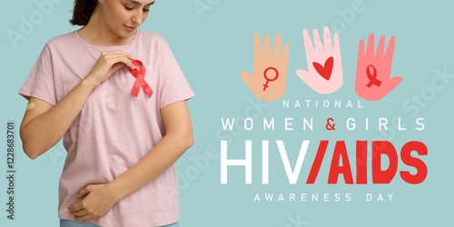 Woman with red ribbon on li...