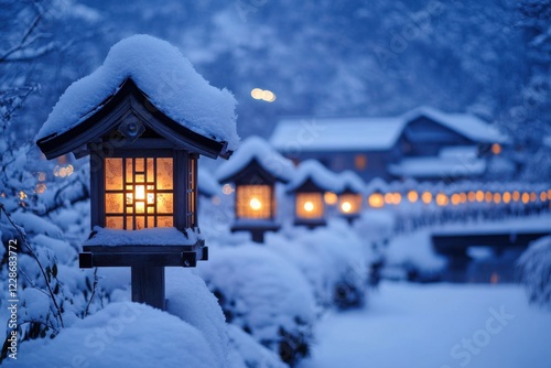 Japan Lantern Festival: Lanterns embedded in snowy lantern towers, their warm glow creating a magical contrast against the pure white snow in a rural mountain village, winter festivity, serene glow photo