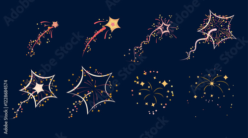 Vector set of colorful fireworks in the form of stars with sparks on black background