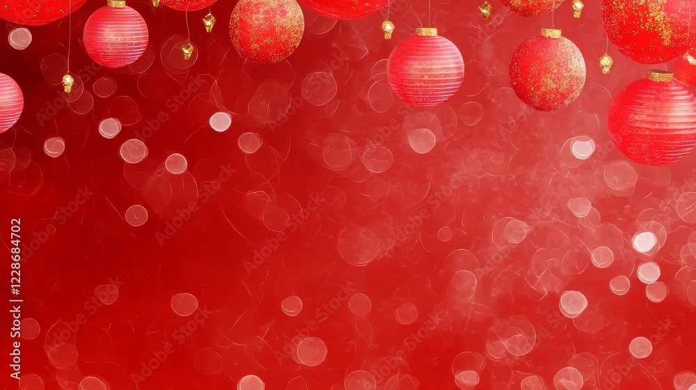 Festive Red Ornaments Hanging Against Blurred Background Festive Red Ornaments Hanging Against Blurred Background