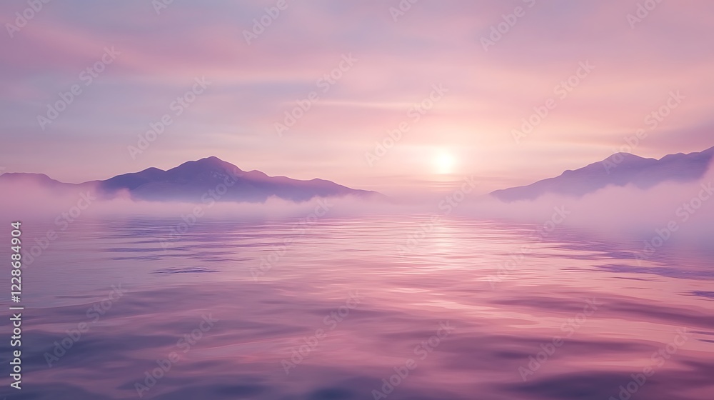 Naklejka premium Serene Sunset Over Misty Mountain Lake