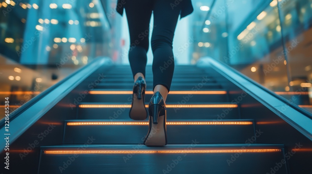 Fototapeta premium Woman in heels ascending an escalator in a modern building. Illustrates career progression, ambition, and upward mobility.