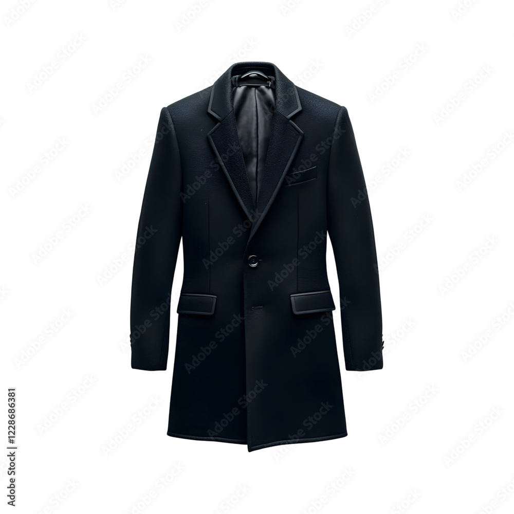 Black Wool Coat with Tailored Fit and Leather Collar Isolated on Transparent Background Black Wool Coat with Tailored Fit and Leather Collar Isolated on Transparent Background