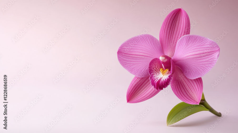 close up of vibrant pink orchid flower with delicate petals and green leaf close up of vibrant pink orchid flower with delicate petals and green leaf