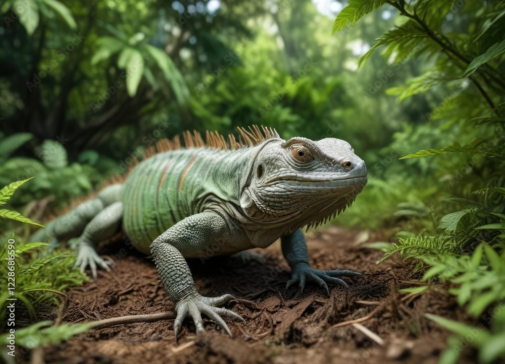 Large lau banded iguana crawling through the green underbrush, lau banded iguana, animal, reptile Large lau banded iguana crawling through the green underbrush, lau banded iguana, animal, reptile