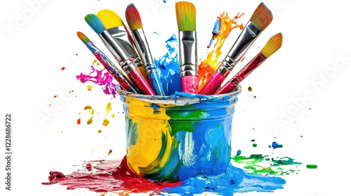 Colorful art supplies in a glass and bucket including pencils, brushes, and pens