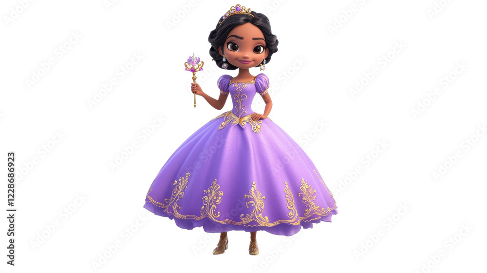 Fototapeta premium Little girl in a pink princess dress posing elegantly in a studio, looking like a doll with long hair, showcasing beauty and fashion