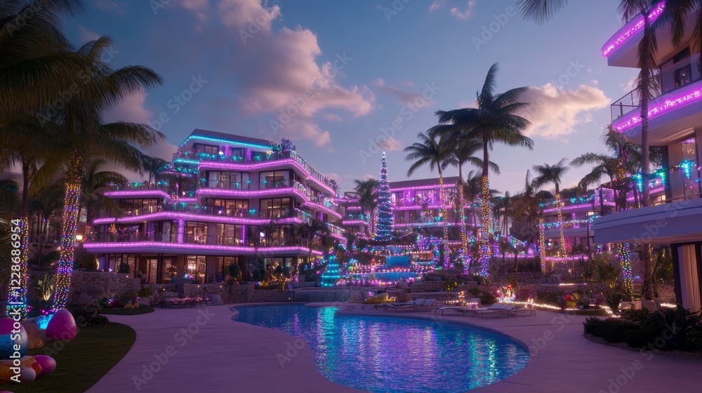 Obraz premium Festive Tropical Resort Illumination at Night