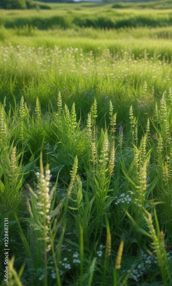 lush green field meadow with Alopecurus pratensis foxtail pasture grass growing densely, green fields, foxtail grass lush green field meadow with Alopecurus pratensis foxtail pasture grass growing densely, green fields, foxtail grass