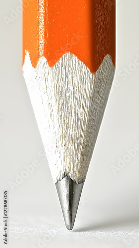 Close-up of sharpened orange pencil point on paper, studio shot, clean background, for education or art supplies photo