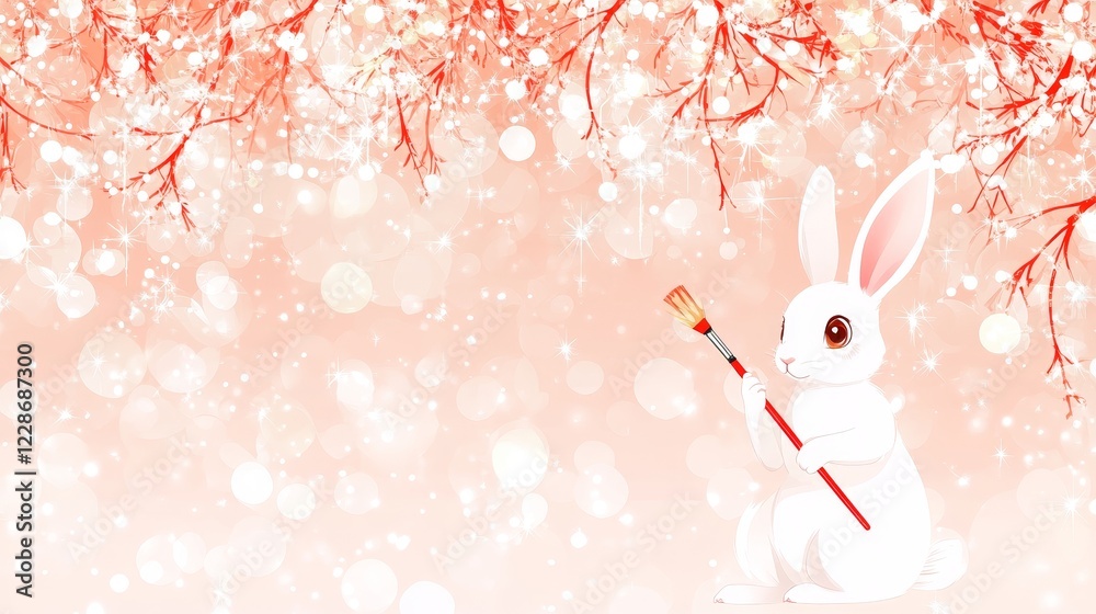 Obraz premium Festive White Rabbit Artist Painting Winter Scene