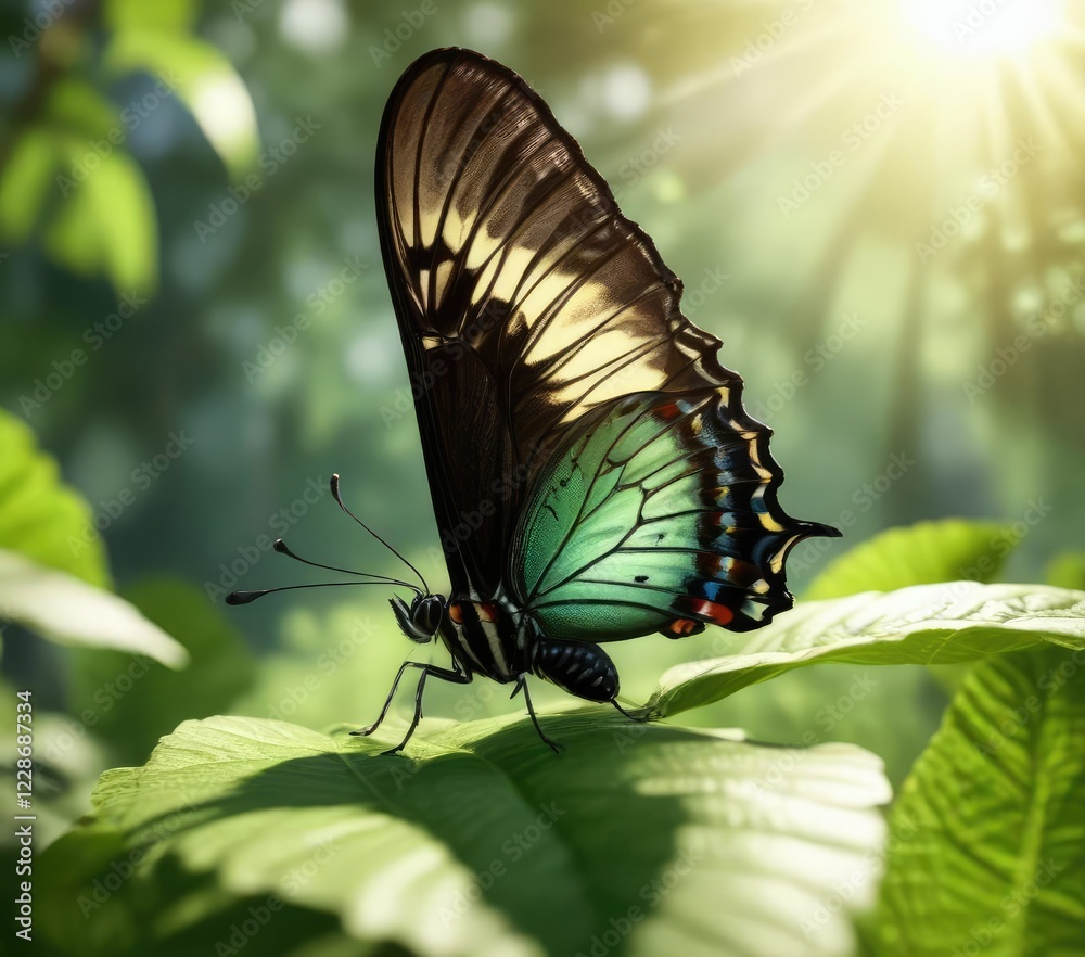Fototapeta premium Macro image of a Papilio butterfly resting on a green leaf in the sunlight, leaf, sunlight, veins